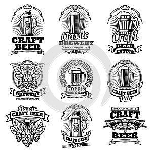 Retro beer pub vector emblems. Vintage traditional brewing labels