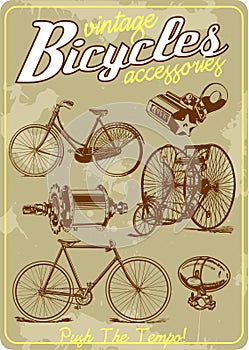 Bicycle and accessories vintage vector illustration collection in retro old poster style photo