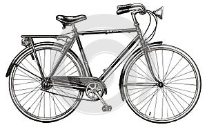 Retro bicycle engraving. Vintage bike silhouette drawing on white, old velocipede etching isolated vector illustration