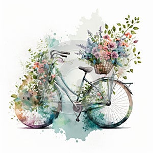 Retro bicycle with flowers in the basket on white background, watercolor style. Generative Ai