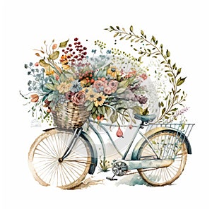 Retro bicycle with flowers in the basket on white background, watercolor style. Generative Ai