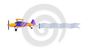 Retro Biplane with Blank Horizontal Banner Flying in the Sky, Air Vehicle with White Ribbon for Advertising Flat Vector