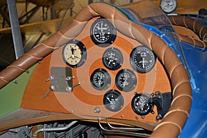 Retro biplane controls closeup