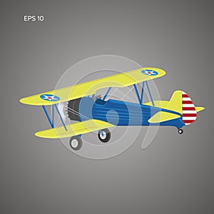 Retro biplane plane vector illusration. Vintage piston engine airplane