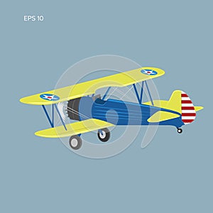 Retro biplane plane vector illusration. Vintage piston engine airplane