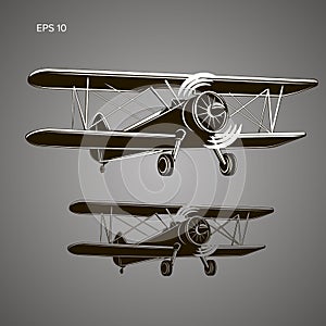 Retro biplane plane vector illustration. Vintage piston engine airplane