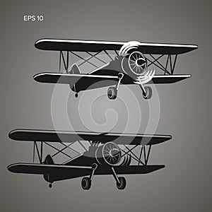 Retro biplane plane vector illustration. Vintage piston engine airplane picture