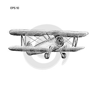 Retro biplane plane vector drawing. Vintage piston engine airplane sketch