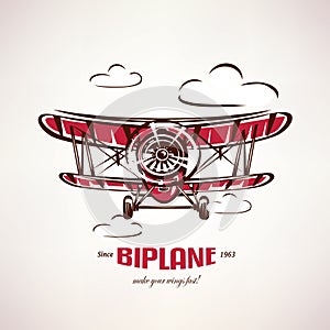 Retro biplane, vintage airplane vector symbol