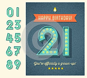 Retro birthday card with light bulb sign numbers