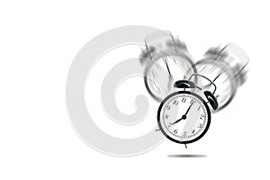 Retro black alarm clock alerting at seven o`clock on white background. photo