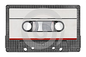 Retro black audio cassette tape. Gray paper label.