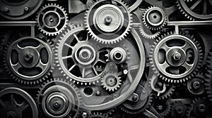 Retro black and white background of industrial cogs or gears with movement