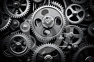 Retro black and white background of industrial cogs or gears with movement