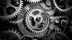 Retro black and white background of industrial cogs or gears with movement