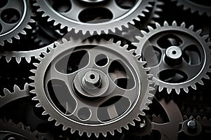 Retro black and white background of industrial cogs or gears with movement