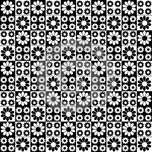 Retro Black and White Daisy Flowers And Rectangles Sixties Pattern