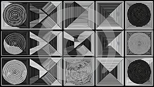 Retro Black and White Geometric Pattern Background Vintage Vector Abstract Art with Circles, Triangles, and Squares, Line Drawing