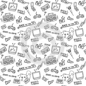 Retro black and white pattern. 90s doodles seamless background. Trendy vector pattern with hand drawn elements from 1990s