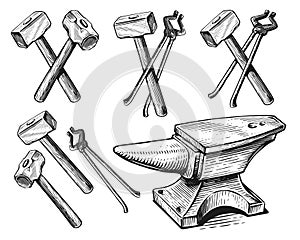 Retro blacksmith pliers, hammer, anvil sketch. Ironwork, set of tools concept. Blacksmithing vintage vector illustration photo