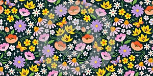 Retro bloom bright colourful seamless pattern