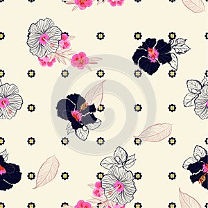 Retro Blooming hibiscus flower mix with geometric daisy minimal