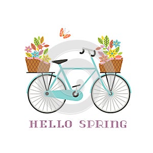 Retro blue bicycle with flowers in baskets icon