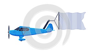 Retro Blue Plane with Blank Banner Flying in the Sky, Air Vehicle with Ribbon for Advertising Flat Vector Illustration