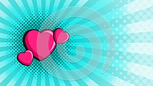 Retro Blue Pop Art background for Valentine's day. Vector Background with radial lines and dots with heart symbol
