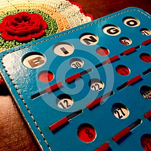 Retro blue and red Bingo card.