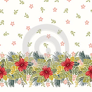 Retro Bold Colorful Tropical Exotic Foliage, Hibiscus Floral Horizontal Vector Seamless Border and Pattern.