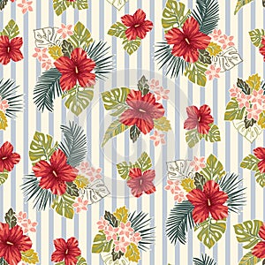 Retro Bold Colorful Tropical Exotic Foliage, Hibiscus Floral Vector Seamless Pattern. Blue and Cream Stripes Background.