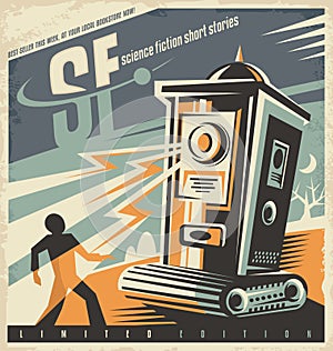 Retro bookstore poster design idea for science fiction novels