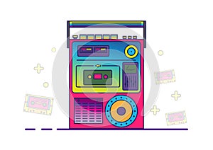 Retro boombox in 80`s-90`s trendy style. Colorful illustration on white background.