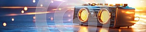 Retro Boombox with Glowing Neon Light Effect photo