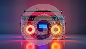 Retro boombox glows vibrant colours on tabletop. Portable audio system emits vibrant lighting. 80s 90s style music tech. photo