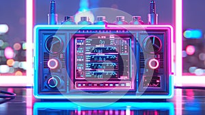 Retro Boombox Illuminated by Neon Lights in a Futuristic City Setting