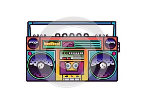 Retro boombox in 80`s-90`s trendy style. Colorful illustration on white background.