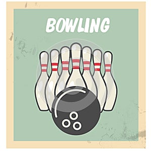 Retro bowling party flyer with skittles and ball