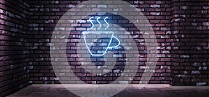 Retro Brick Walled Cafe Club Synth Blue Neon Glowing Coffee Sign Cozy Wooden Floor Empty Background Old Time Atmosphere 3D