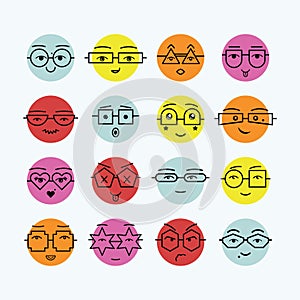 Retro bright colors cute emoticons faces with assorted geometrical shapes eyeglasses icons set on light blue