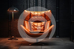 Retro brown leather armchair on the wall background. Copy space. Vintage interior