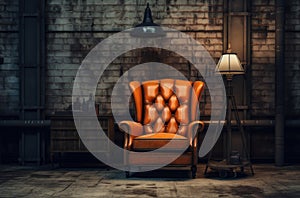 Retro brown leather armchair on the wall background. Copy space. Vintage interior