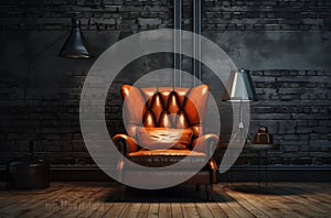 Retro brown leather armchair on the wall background. Copy space. Vintage interior