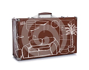 Retro brown suitcase with drawing of living room interior on white background. Moving concept