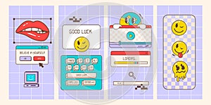 Retro browser computer window in 90s vaporwave style with smile face stickers for stories or a post template. Old pc user interfac