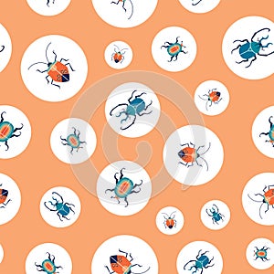 Retro bug in circles. Seamless pattern. Vector geometric print with different bugs on orange background.