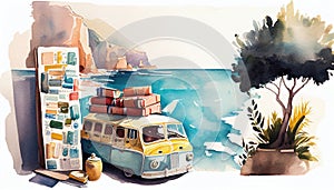 Retro bus on the background of the sea, mountains and green tree in watercolor style by Generative AI