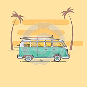 Retro bus with surf boards on summer Summer Vector illustration