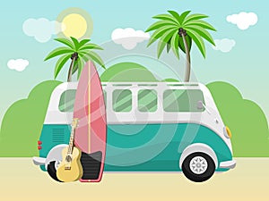 Retro bus with surfboard on the tropical beach. Vintage surfer travel van, surf and guitar.